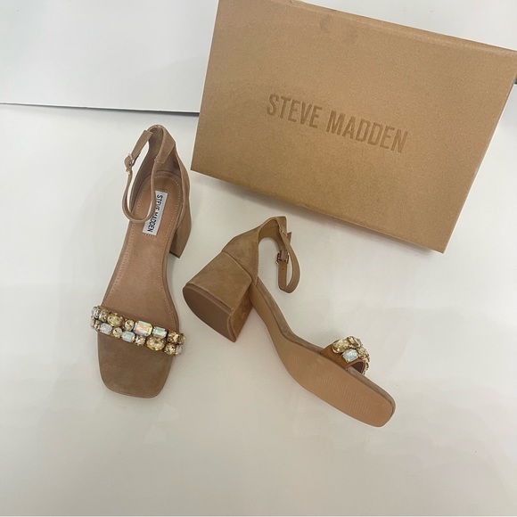 Steve Madden Tan Suede Malay Embellished Ankle Strap Block Heel Sandal New N Box - Picture 6 of 17